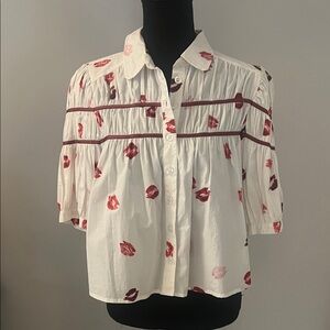 Maeve White and Red Lip Print Blouse